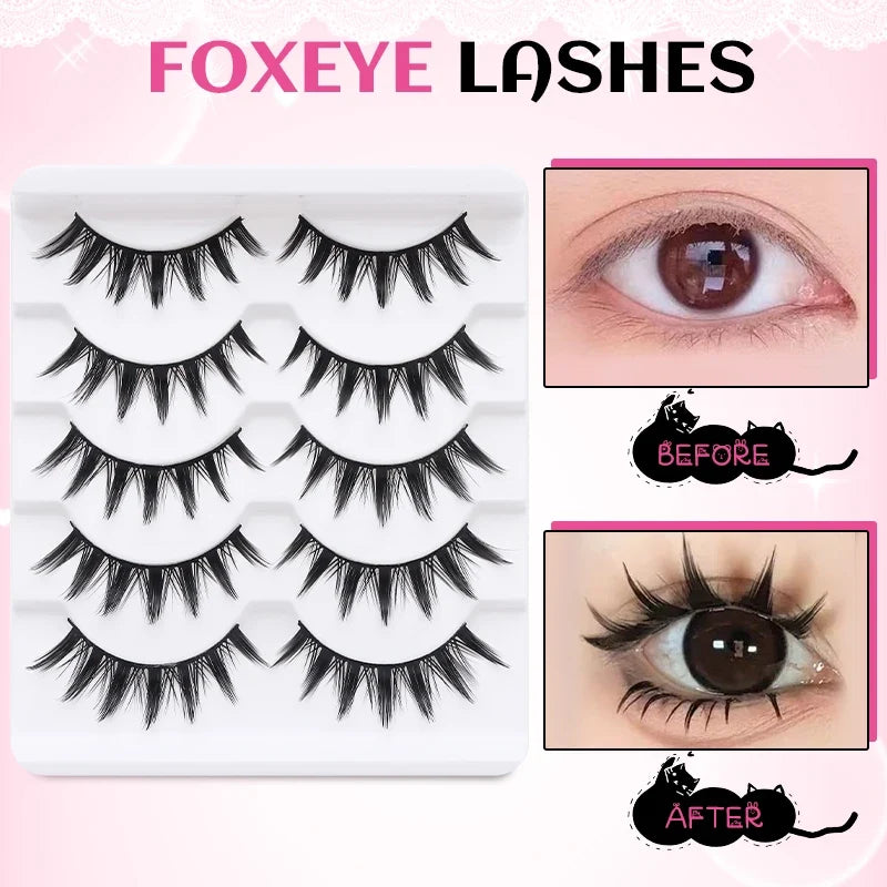 DINGSEN 5 Pairs Manga Lashes Cosplay Fake Eyelashes Strip Lash Soft Natural Look Fox Eye Korean Manhua Makeup False Eyelashes