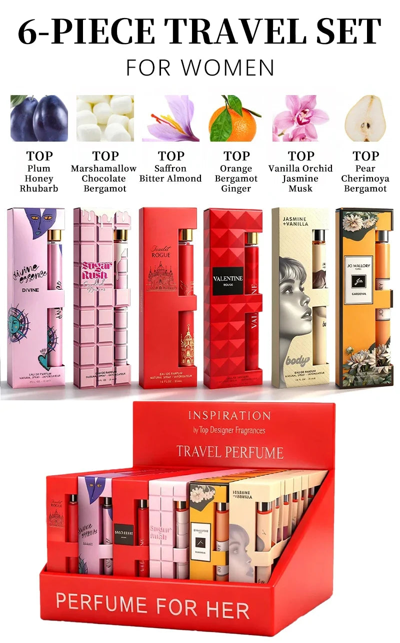 6-piece travel set, men's and women's eau de toilette spray, long-lasting fragrance, 6 different flavors, perfect for holiday gi