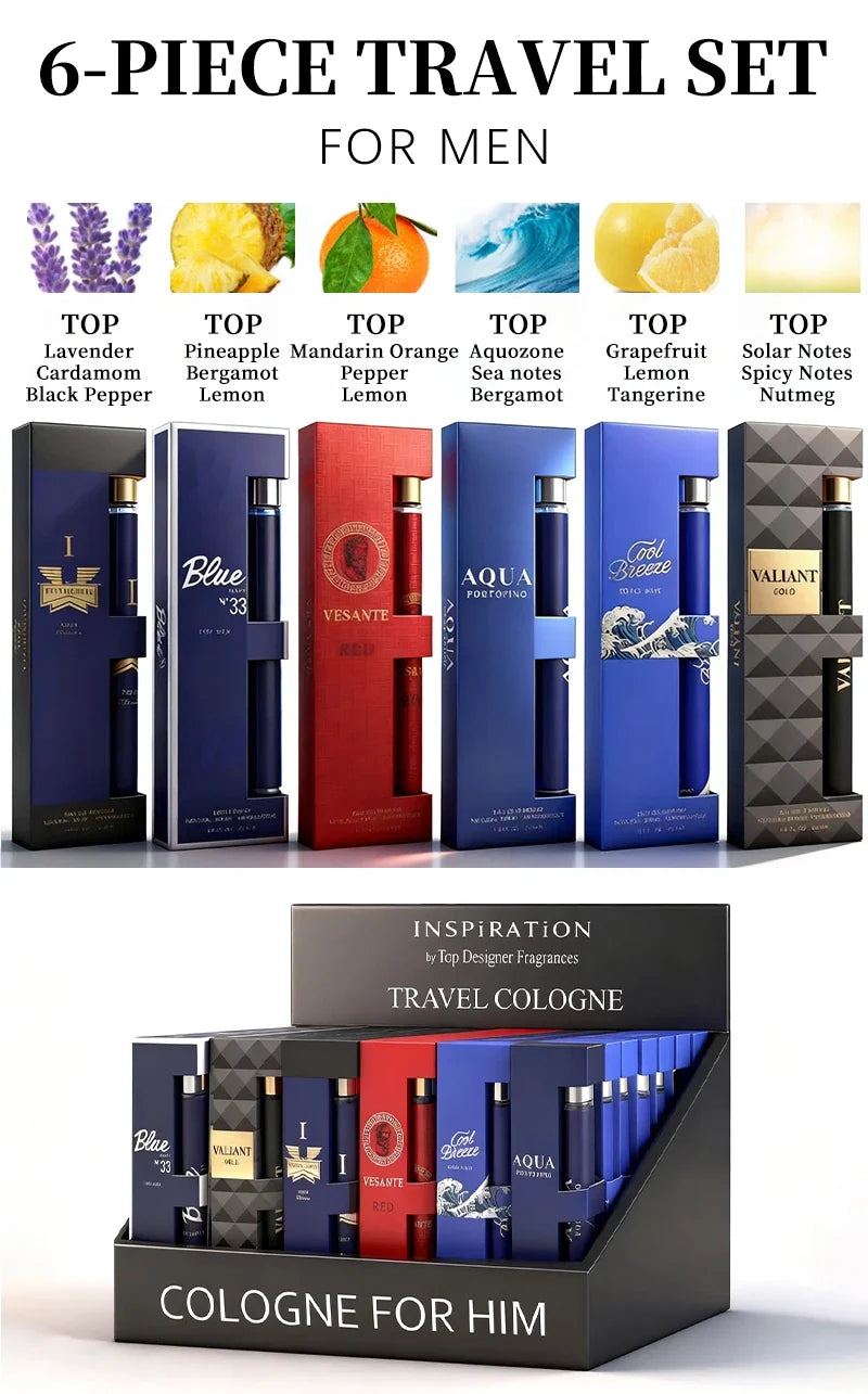 6-piece travel set, men's and women's eau de toilette spray, long-lasting fragrance, 6 different flavors, perfect for holiday gi