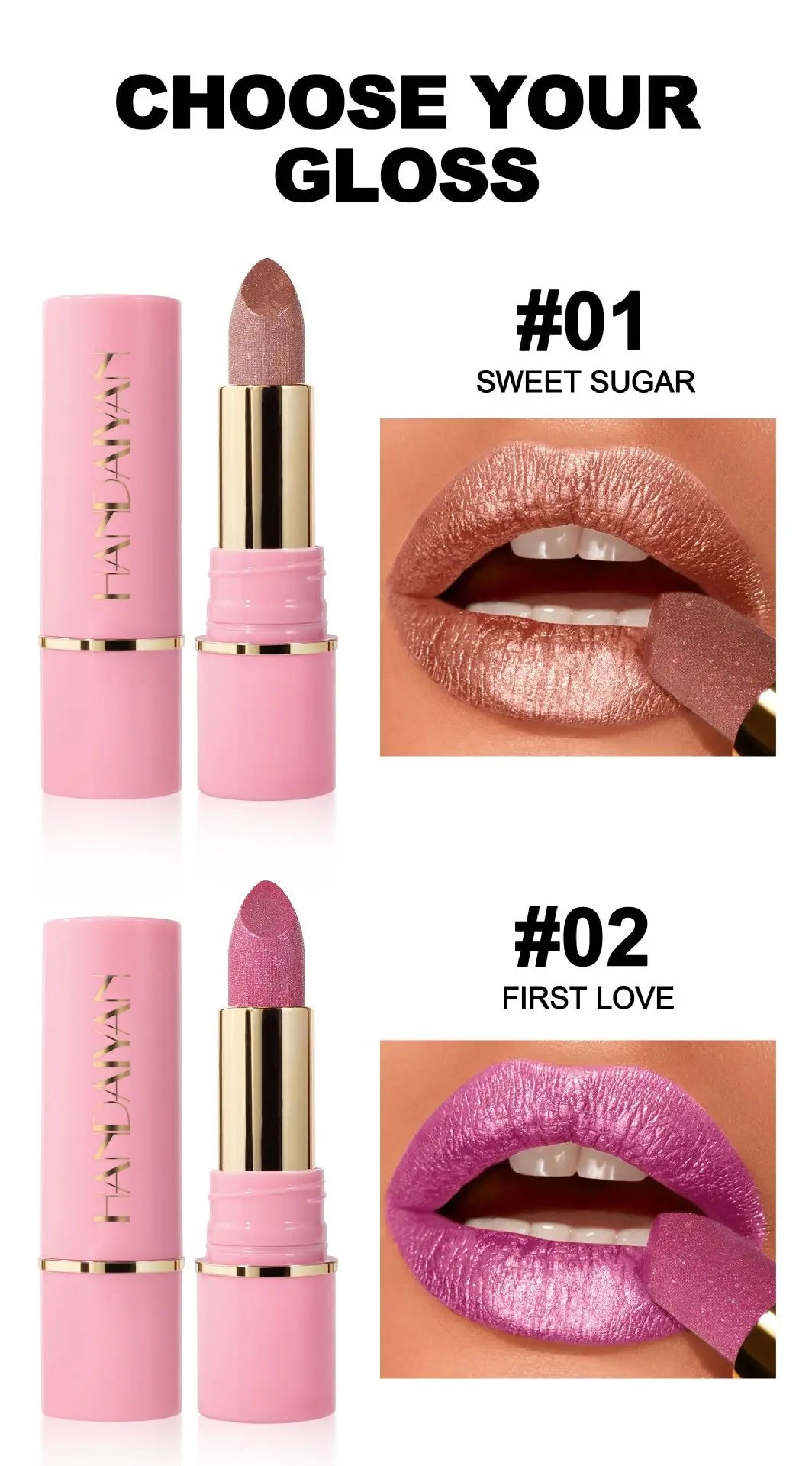 8 Colors Glitter Diamond Lipstick Long-Lasting Pink Brown Pearlescent Metallic Purple Sparkling Lipstick Makeup Cosmetic