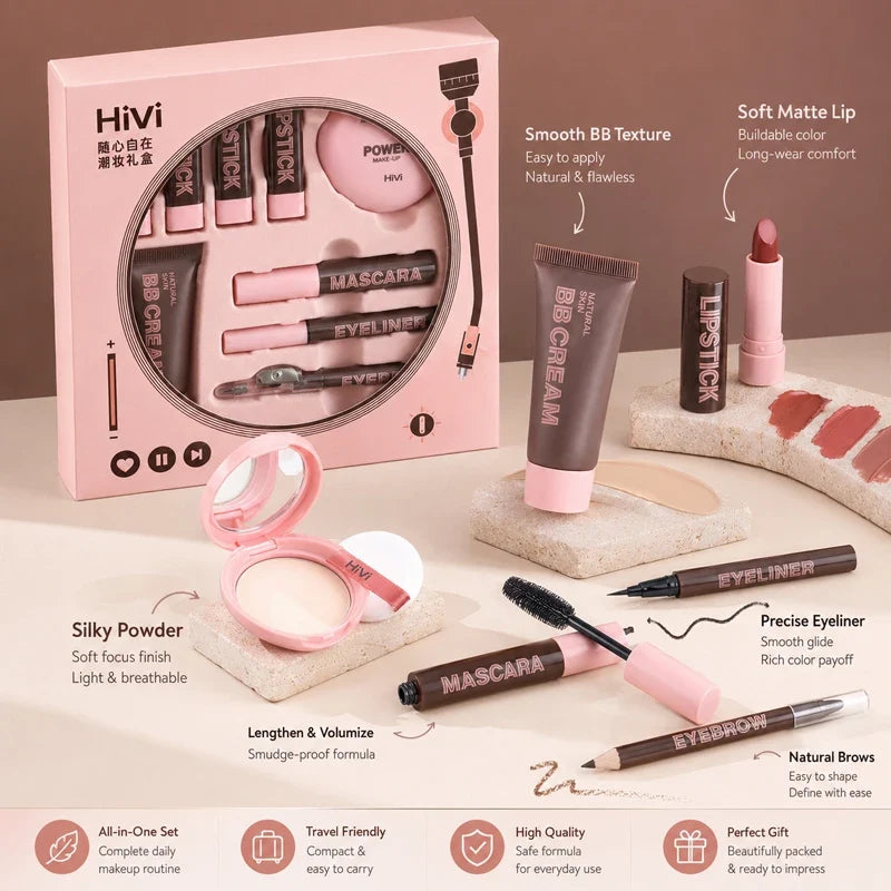 9PCS Makeup Gift Set for Women, All-in-One Lipstick Mascara Eyeliner BB Cream Powder Compact, Travel Beauty Kit for Beginners