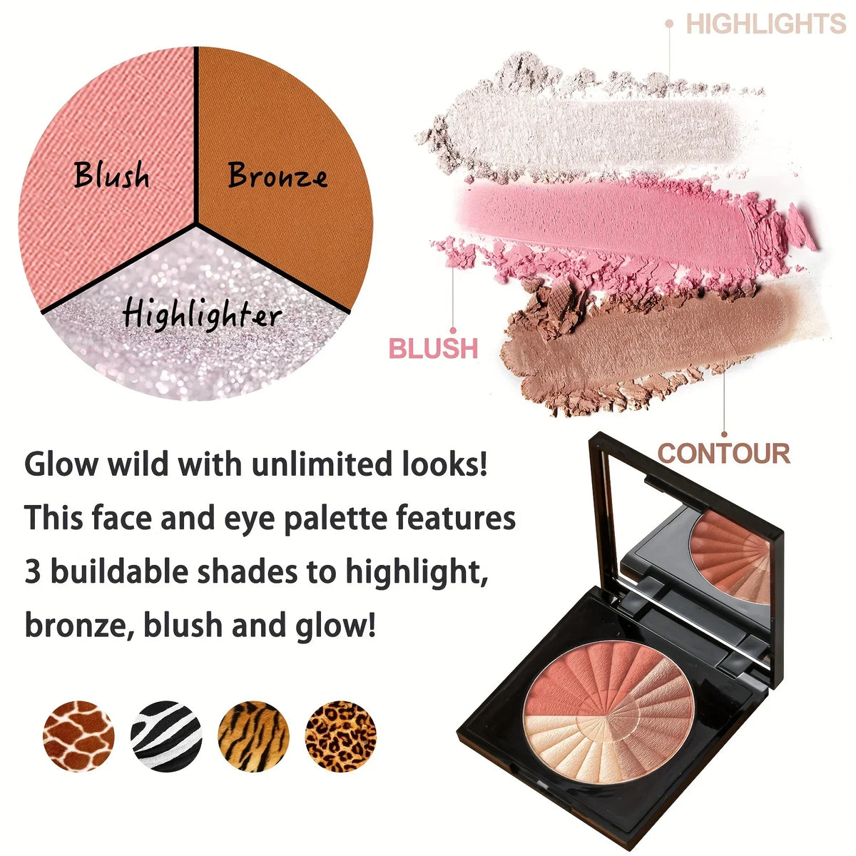 Blush Makeup Palettes, Highlighter Bronze Blush Powder, 3 in 1 Palette Matte Shimmer Glow illuminator Powder Face Highlighter