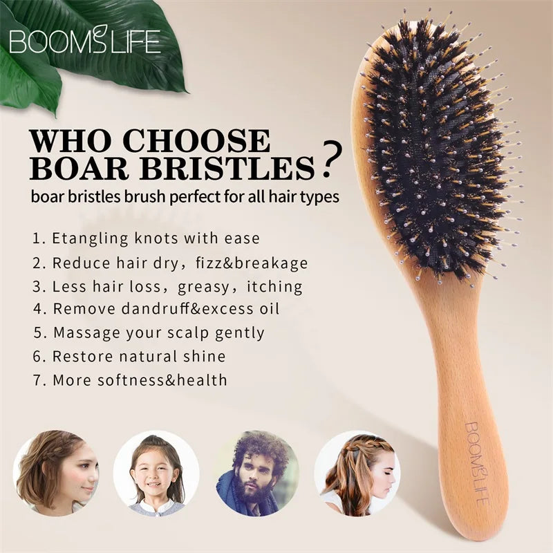 Custom Boar Bristle Hair Brush Women Hair Anti-Static Scalp Massage Comb Wood Hair Brush for Curly Thick Long Hair Detangler