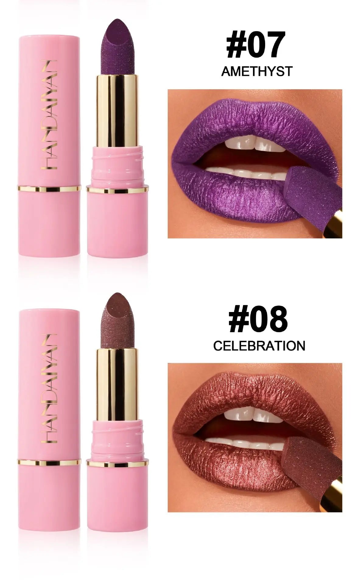8 Colors Glitter Diamond Lipstick Long-Lasting Pink Brown Pearlescent Metallic Purple Sparkling Lipstick Makeup Cosmetic
