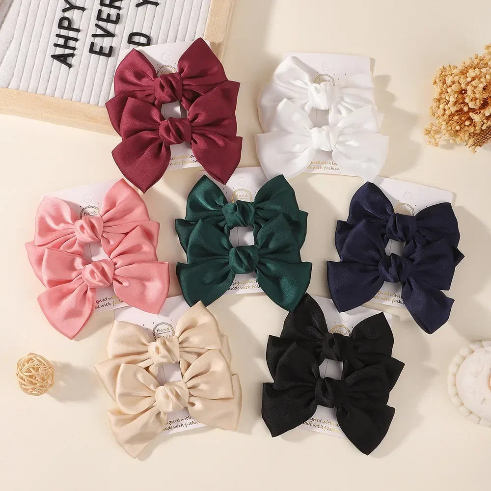 2PCS Matte Satin Large Bow Pair Hair Clips Solid Color Big Bow Barrettes Girls Wedding Birthday Party Daily Dress‑up Headdress