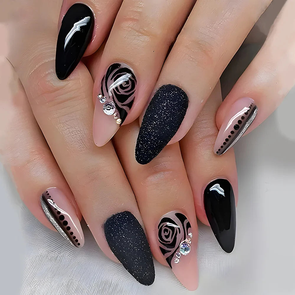 Black Cool Fake Nails Halloween Bat Press on Nails Almond Decorated Nail Tips Rivet Bow False Nails 24pcs Reusable Acrylic Nails