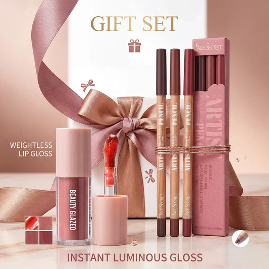 4Pcs Lip Liner & Lip Gloss Set Waterproof Long-lasting Smudge-proof Smooth Daily Lip Makeup Kit