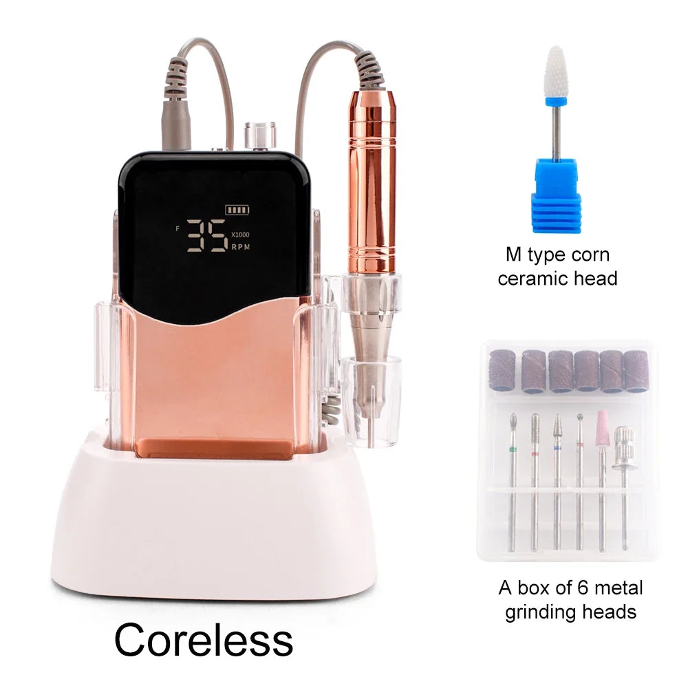 Coreless Motor Handle 35000RPM Portable Professional Nail Drill with Desktop Base 35K Cordless Battery Wireless Powerful Wave