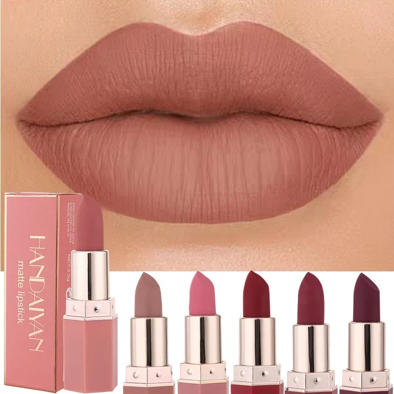 Handaiyan 6 Colors Matte Waterproof Velvet Nude Lipstick Sexy Red Brown Pigments Makeup Long Lasting Lipstick Woman