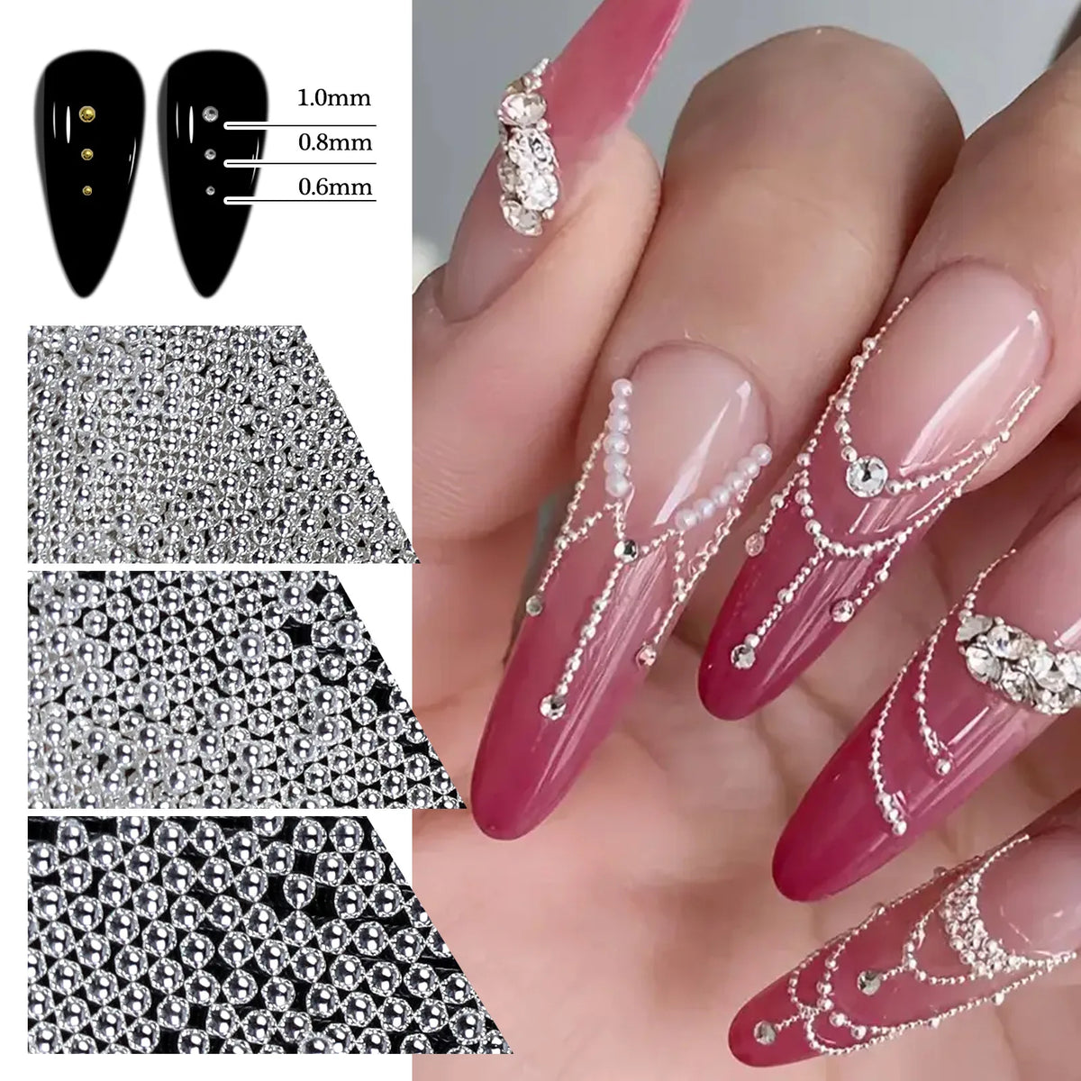 6 Grids Silver Steel Micro Beads Nail Art Decoration, Mixed Sizes-0.6mm 0.8mm 1.0mm, Nail Rhinestones Caviar Beads Nail Supplies