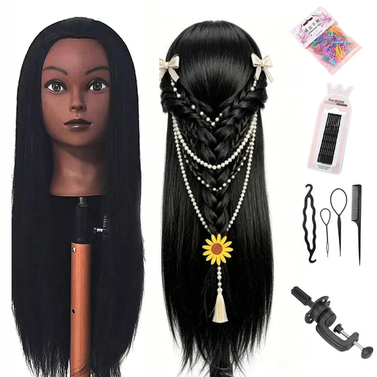 Black Cosmetology Mannequin Head with Hair Doll for Hairdressing Training Styling Practice Braiding with Clamp Holder