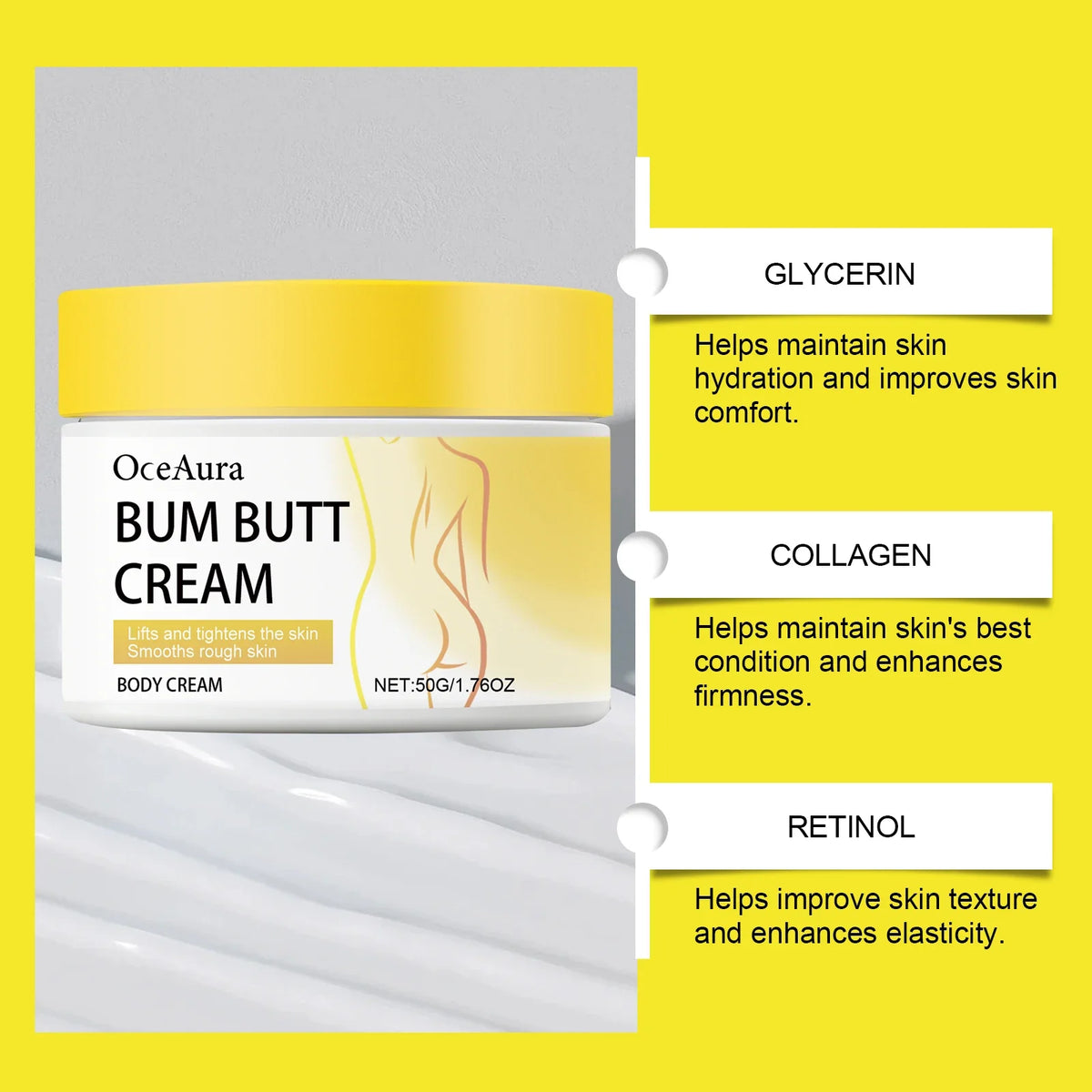 Butt Lift Cream Firming & Hydrating Cream for Buttocks Anti-Cellulite Treatment Tightening Smoothing Cream with Collagen Retinol