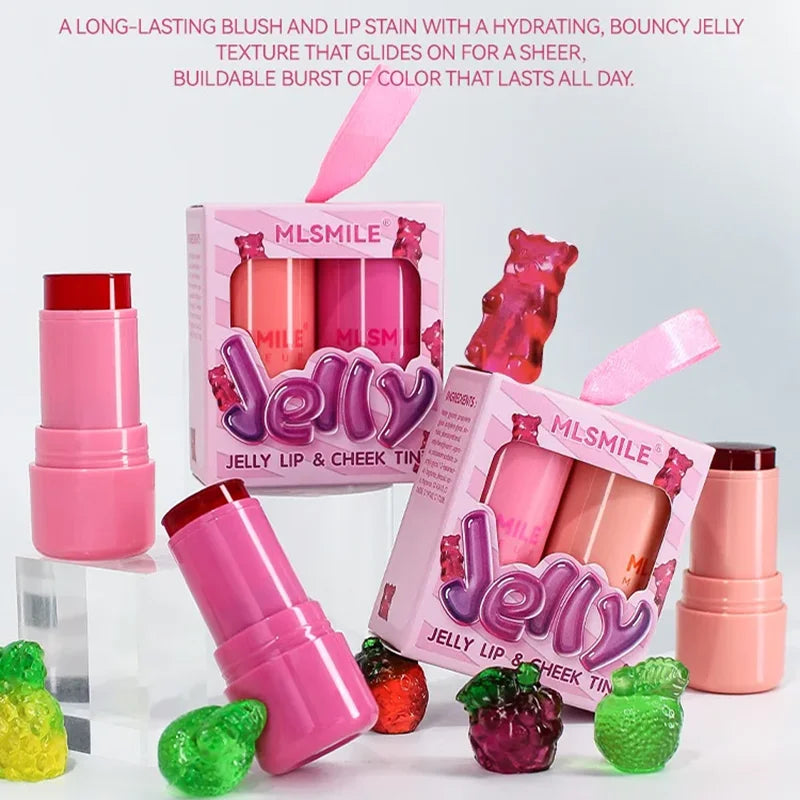 2 PCS Jelly Powder Blusher 2in1 Blush and Lip Rouge Stick Jelly Tint Hydrating Long-Lasting Coloring Vibrant
