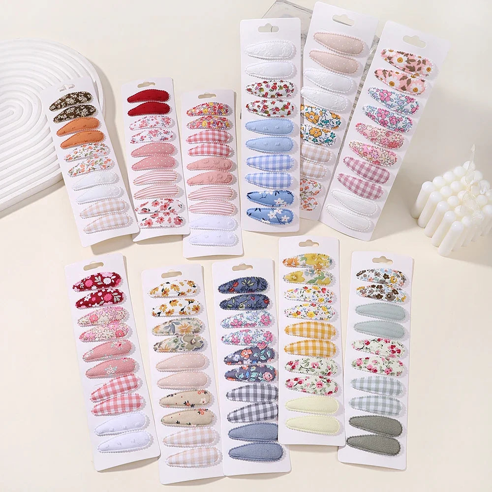 10Pcs/Lot Fresh Print Cotton Alloy Hair Clips for Kids Fabric Plaid BB Hairpins Girl Hairgripe Headwear Baby Hair Accessories