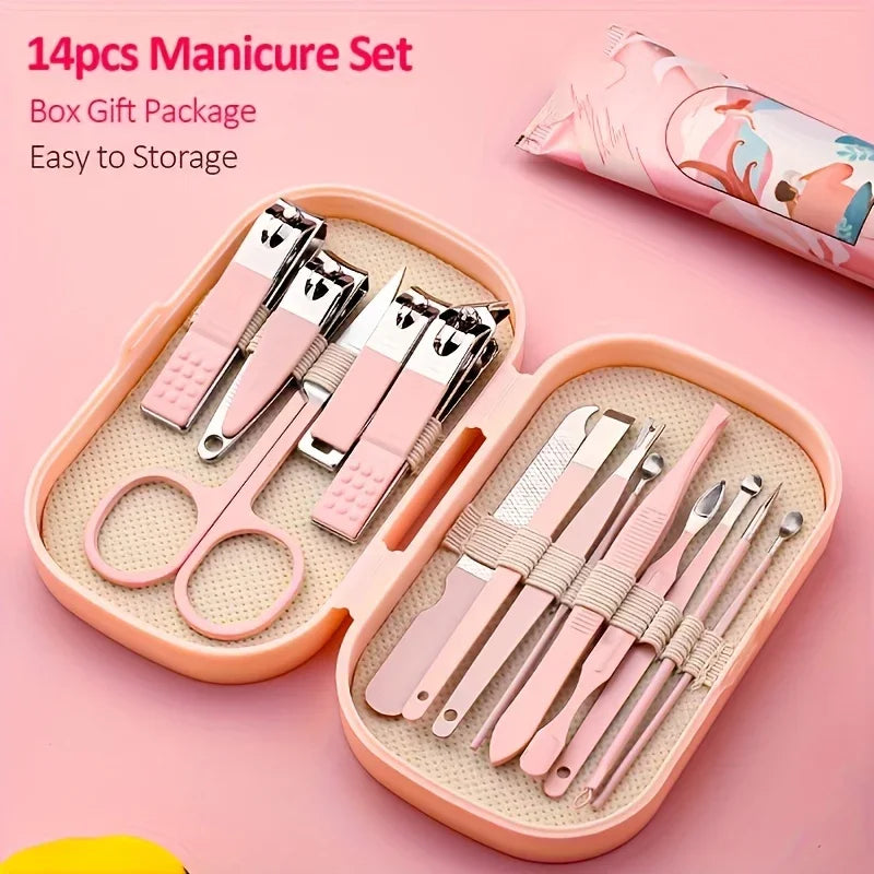 14 Piece Deluxe Nail Care Kit Pink & Blue Stainless Steel Manicure & Pedicure Set with Nail Scissors Clippers Ear Digging Spoon