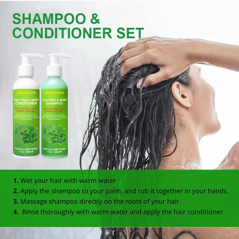 Amococo 2pcs X 200ml Tea Tree Shampoo and Conditioner Set with Mint Biotin Refreshing Scalp Care Hair Care Duo Volumizing Smooth Hair Formula for All Hair Types