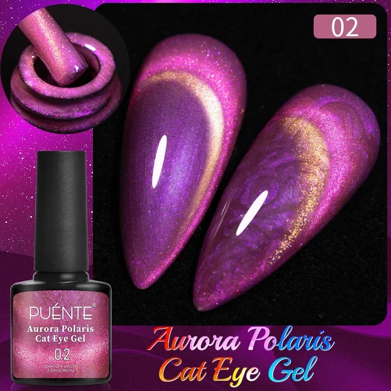 7.5ML Aurora Starlit Cat Eye Gel Nail Polish Rainbow Glitter Galaxy Cat Magnetic Nail Art Gel Soak Off UV Semi-Permanent Varnish