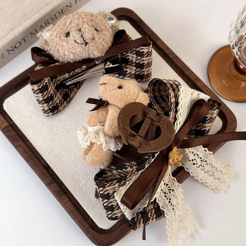1pc Cartoon fabric teddy bear clip hair clip, new autumn and winter checkered bow headband, shark clip hair clip hair accessory