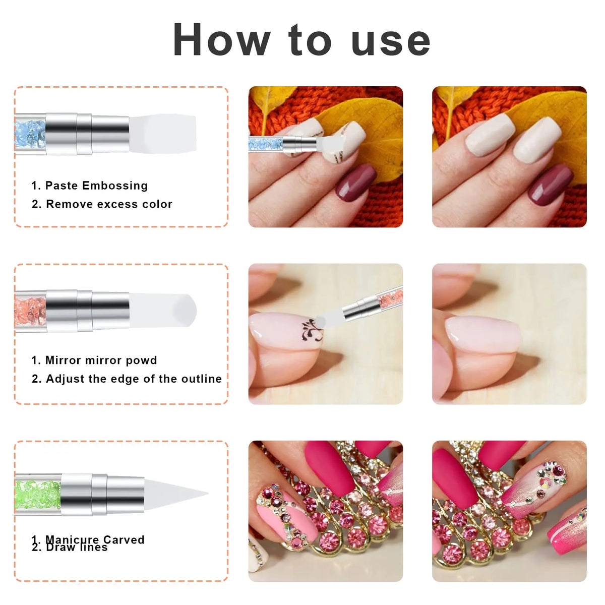 5 Pcs Nail Art Sculpture Pen Dual Tipped Silicone Nail Tools Nail Art Acrylic Pen Silicone Brushes for Resin