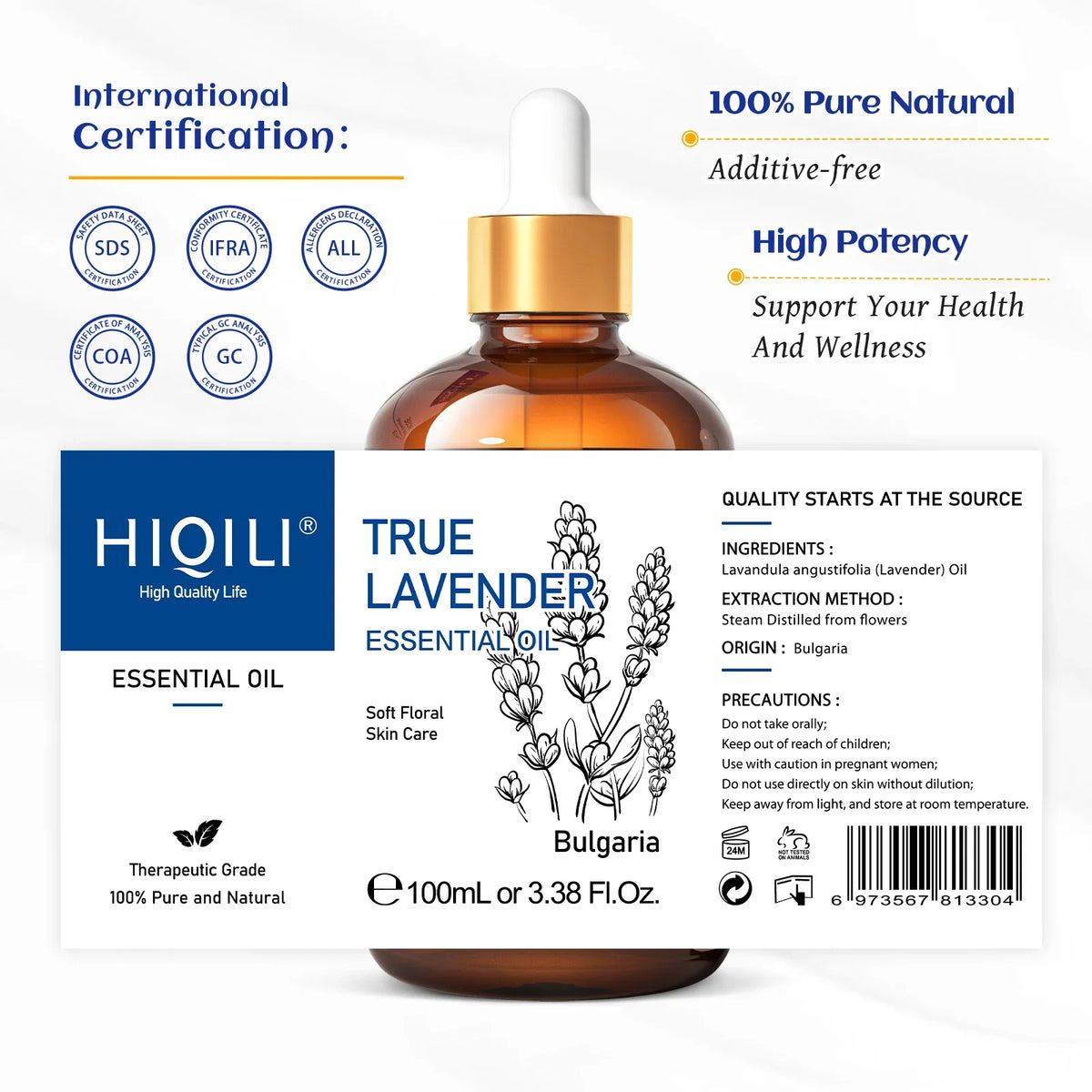 HIQILI 100% Pure Lavender Essential Oil 100ML Aromatherapy Diffuser Oil for Sleep Relaxation Diffuser Massage Skin Care