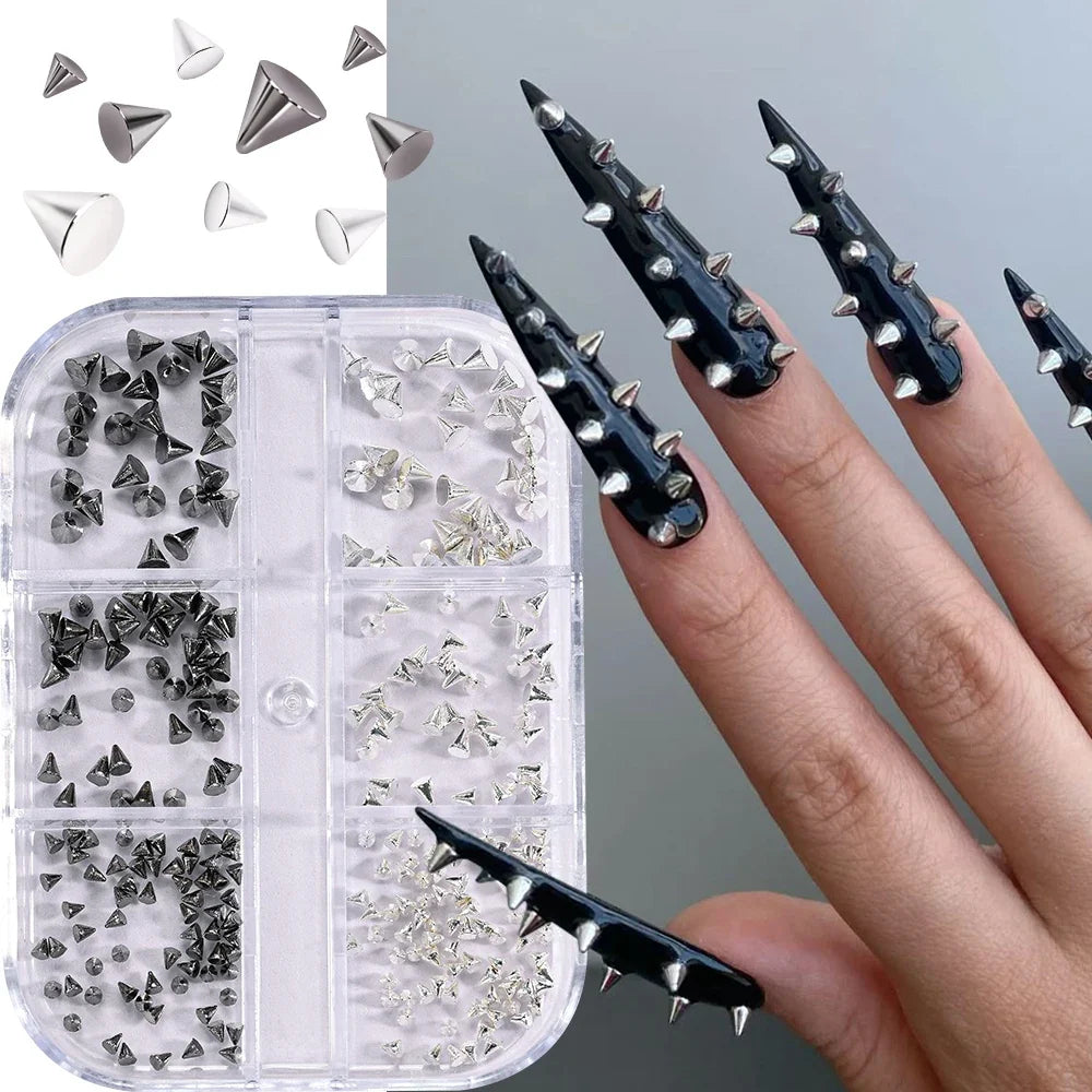 6Grid/Box Y2K 3D Mixed Metal Punk Pointed Cone Nail Rivet Gold/Silver/Gun Black Alloy Spike Nail Charms Flat Bottomed Nail Stud