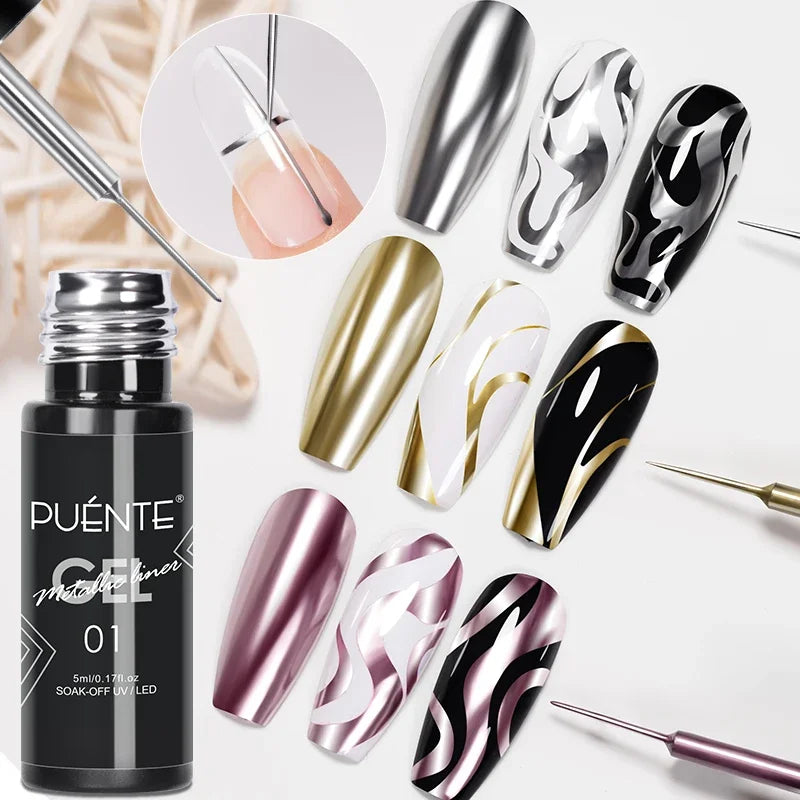 5ml Golden Silvery Metallic Painting Liner Gel Polish Chrome Mirror Effect Semi-Permanent Varnish For Stunning French Nail Art