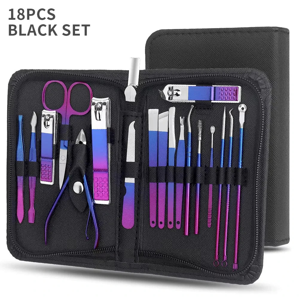 6/9/18/26/30pcs Manicure Set, Stainless Steel Gradient Professional Pedicure Kit Nail Scissors Grooming Kit With Travel Case