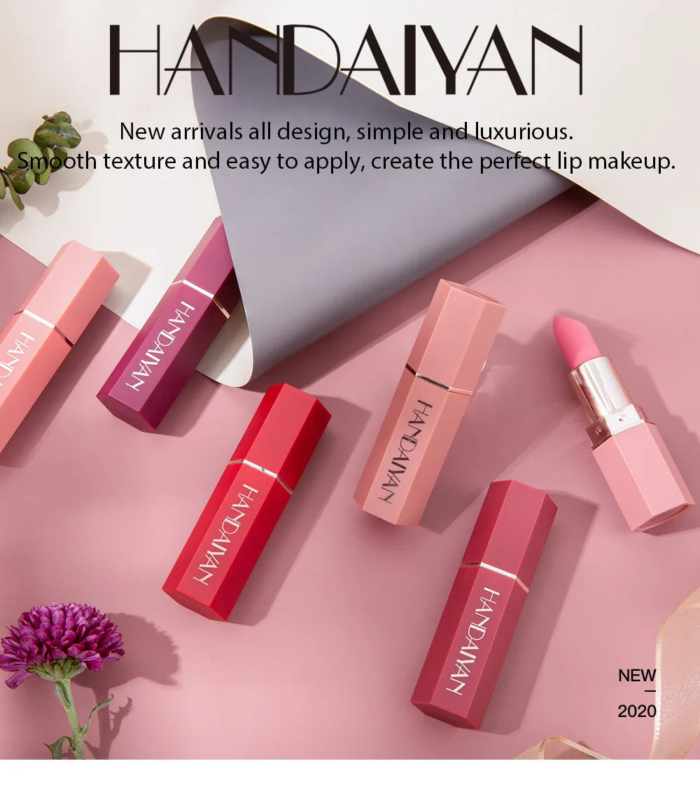 Handaiyan 6 Colors Matte Waterproof Velvet Nude Lipstick Sexy Red Brown Pigments Makeup Long Lasting Lipstick Woman