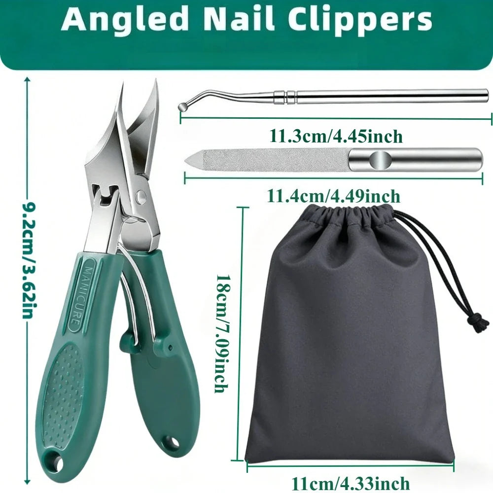3pcs Stainless Steel Wide Jaw Opening Toenail Clippers Set Long Handle Angled Head Anti-Splash Design for Ingrown and Thick Toen