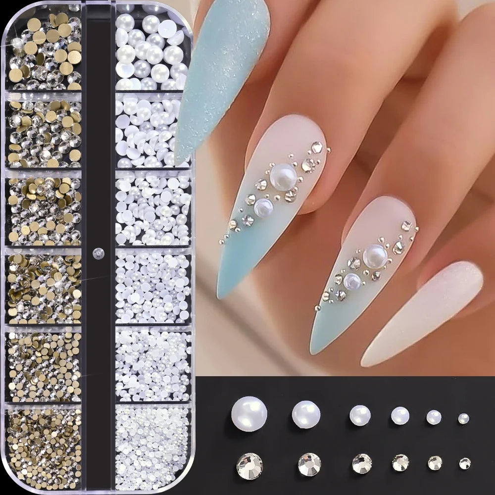 12 Grids Flatback Gold Silver Pearl Beads Nail Charms Round Caviar Ball For Nail Art Decorations 3D Nail Jewelry Rhinestones