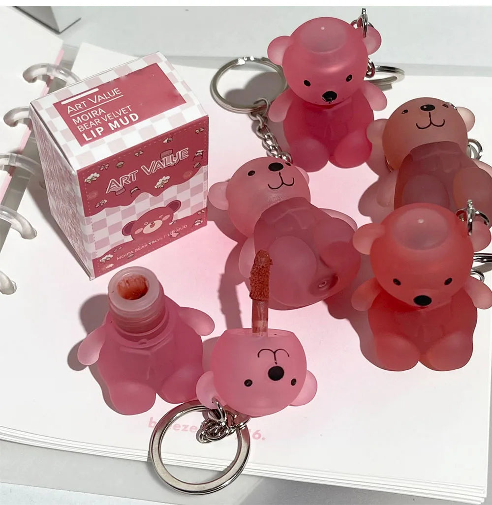Cute Bear Velvet Lip Mud Keychain Matte Nude Red Lip Gloss Autumn Winter Non-stick Cup Lipstick Waterproof Lasting Lips Makeup