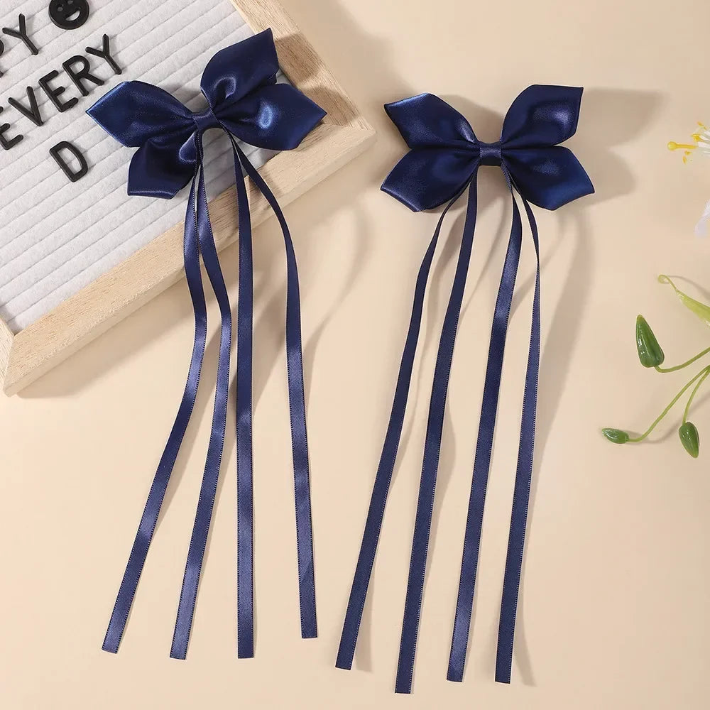 BABY BOWS 2Pcs Silky Satin Long Tassel Bow Hair Rubber Bands Sweet Ribbon Bow Hair Ties for Girls Head Decor