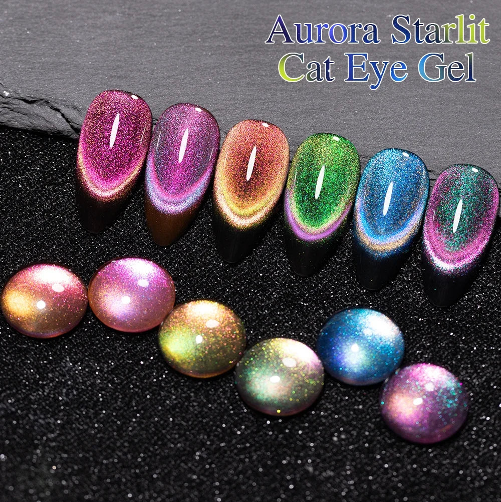7.5ML Aurora Starlit Cat Eye Gel Nail Polish Rainbow Glitter Galaxy Cat Magnetic Nail Art Gel Soak Off UV Semi-Permanent Varnish