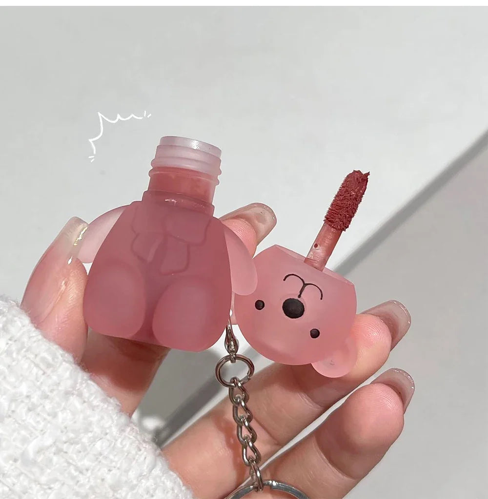 Cute Bear Velvet Lip Mud Keychain Matte Nude Red Lip Gloss Autumn Winter Non-stick Cup Lipstick Waterproof Lasting Lips Makeup