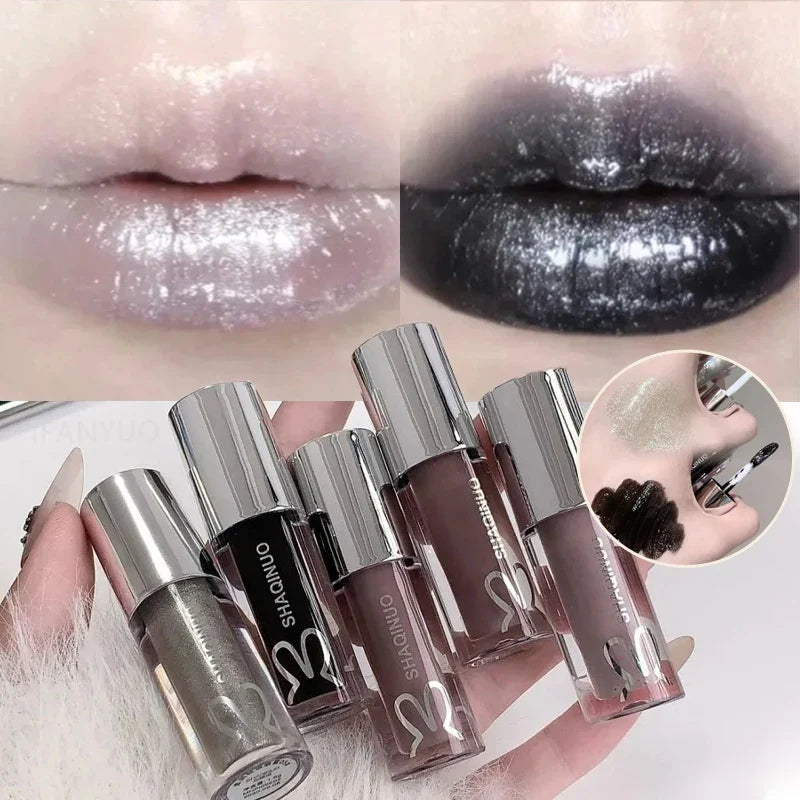 Black Gothic Lip Gloss Mirror Moist Matte Gothic Pure Black Silver Fine Flash Lip Glazed Low Saturation Lasting Lip Tint Makeup
