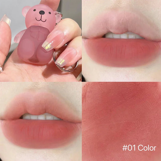 Cute Bear Velvet Lip Mud Keychain Matte Nude Red Lip Gloss Autumn Winter Non-stick Cup Lipstick Waterproof Lasting Lips Makeup