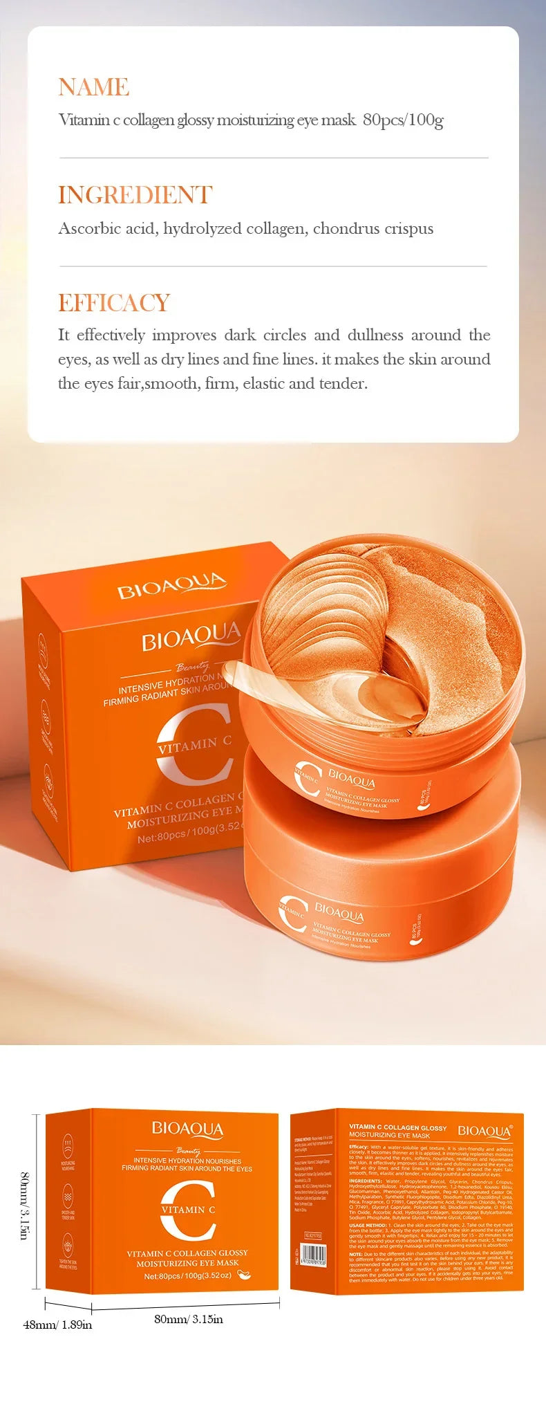 80pcs BIOAQUA Vitamin C Crystal Collagen Eye Mask Anti Dark Circles Whitening Anti-Wrinkles Moisturizing Anti-Aging Eye Patches