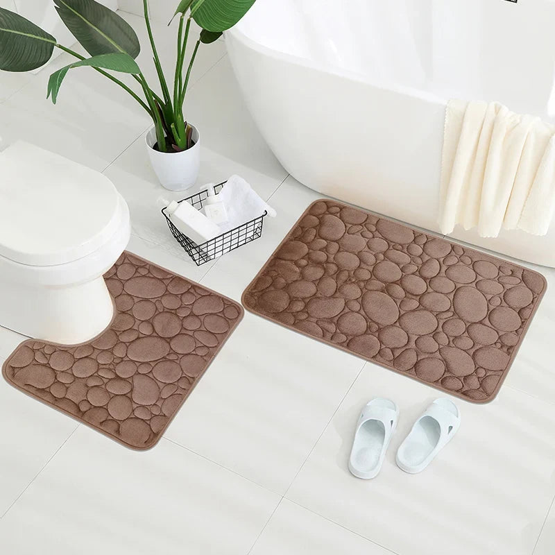 Embroidered Pebble Coral Velvet Floor Mat, Bathroom Carpet, U-shaped Sponge Absorbent Foot Mat, Door Mat, Two-piece Set