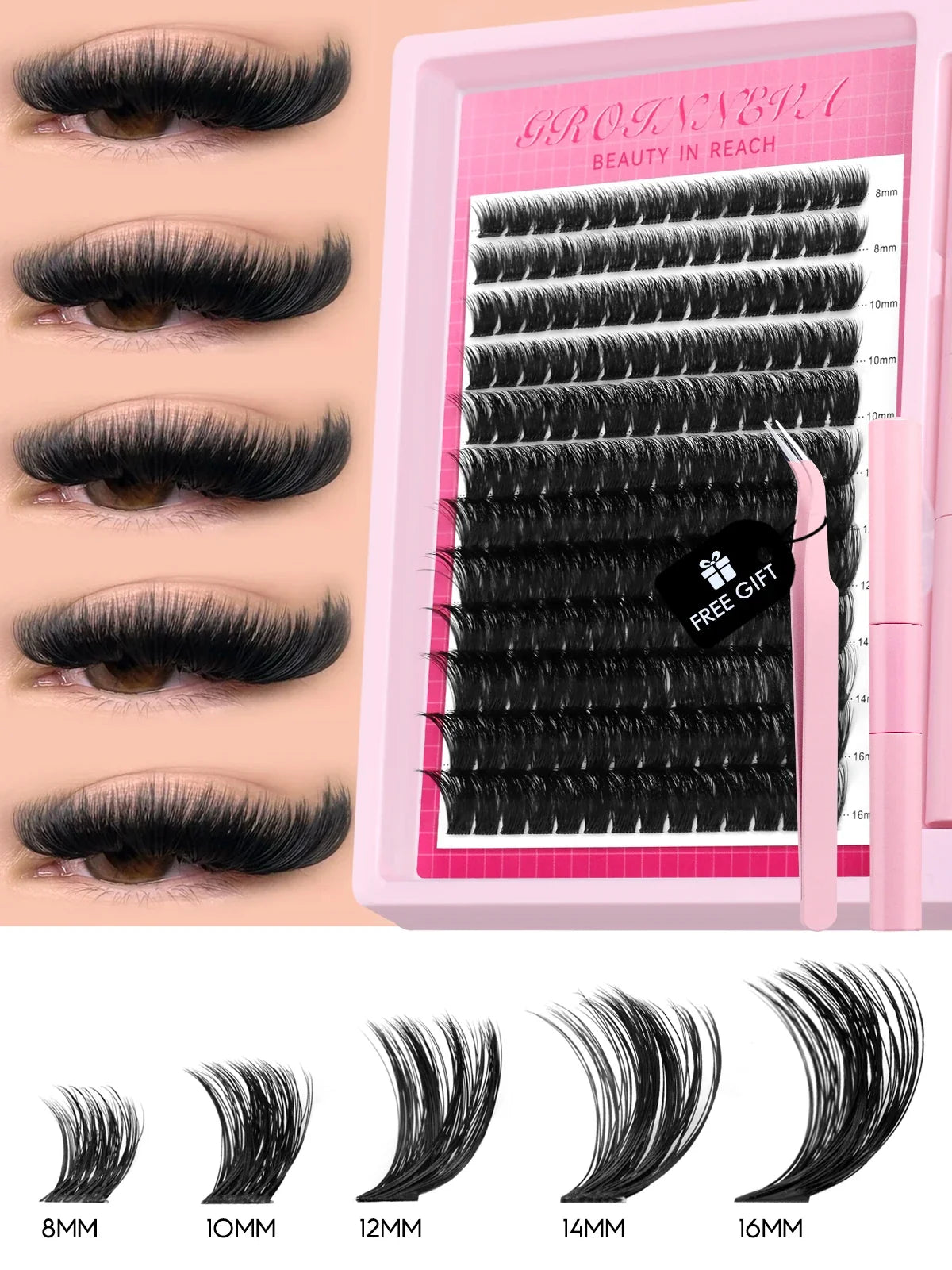 GROINNEYA Lash Clusters Kit Fluffy Individual Lashes C Curl Cluster DIY Lash Extension Kit Lash Bond and Seal Eyelash Extensions