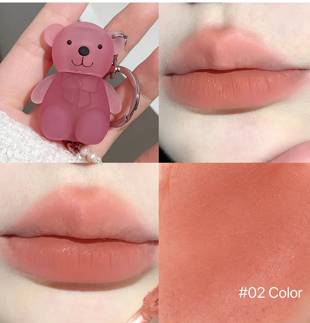 Cute Bear Velvet Lip Mud Keychain Matte Nude Red Lip Gloss Autumn Winter Non-stick Cup Lipstick Waterproof Lasting Lips Makeup