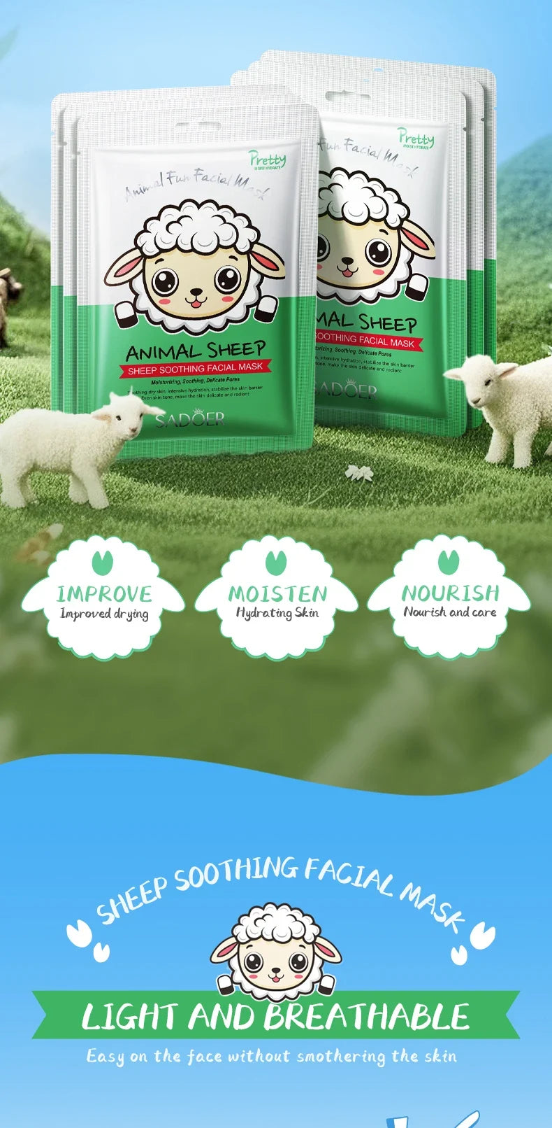 5pcs SADOER Animal Pattern Masks Face Mask Moisturizing Anti Wrinkles Anti-Aging Whitening Facial Masks Skin Care Novel Products