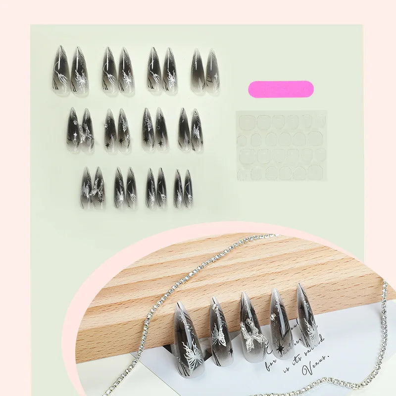Black Cool Fake Nails Halloween Bat Press on Nails Almond Decorated Nail Tips Rivet Bow False Nails 24pcs Reusable Acrylic Nails