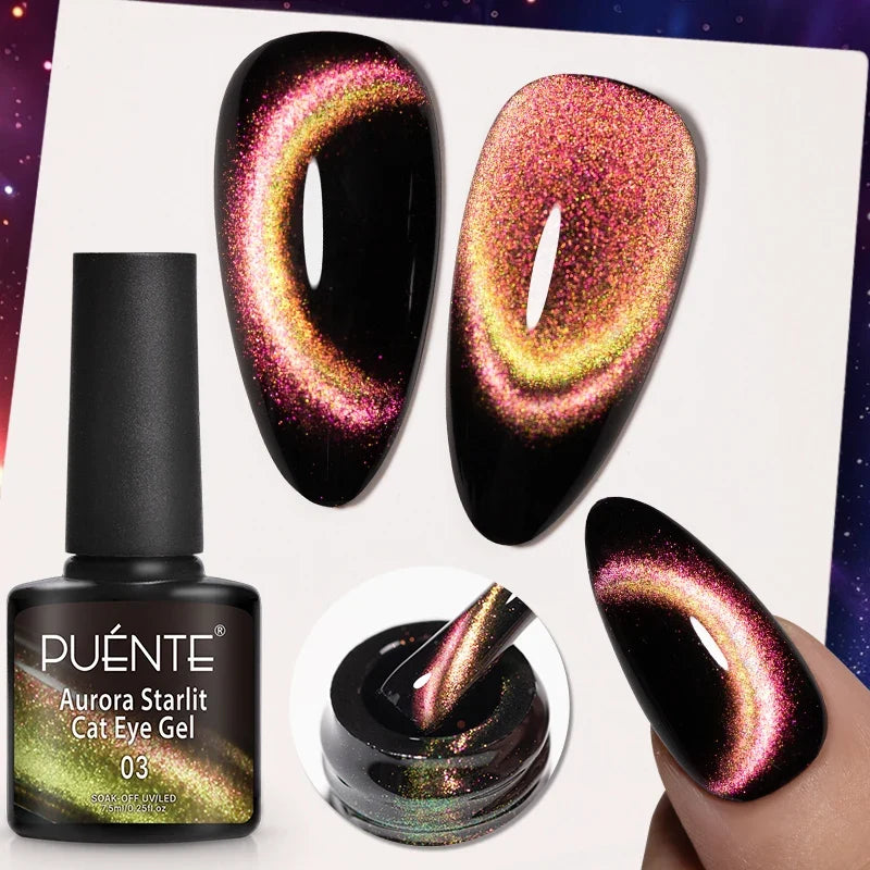 7.5ML Aurora Starlit Cat Eye Gel Nail Polish Rainbow Glitter Galaxy Cat Magnetic Nail Art Gel Soak Off UV Semi-Permanent Varnish