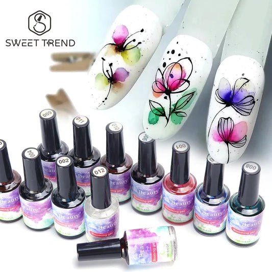 12pcs Watercolor Nail Gel Polish Smudge Blooming Ink Soak Off Varnish Marble Bubble Designer Charm Blossom Flower Manicure Decor
