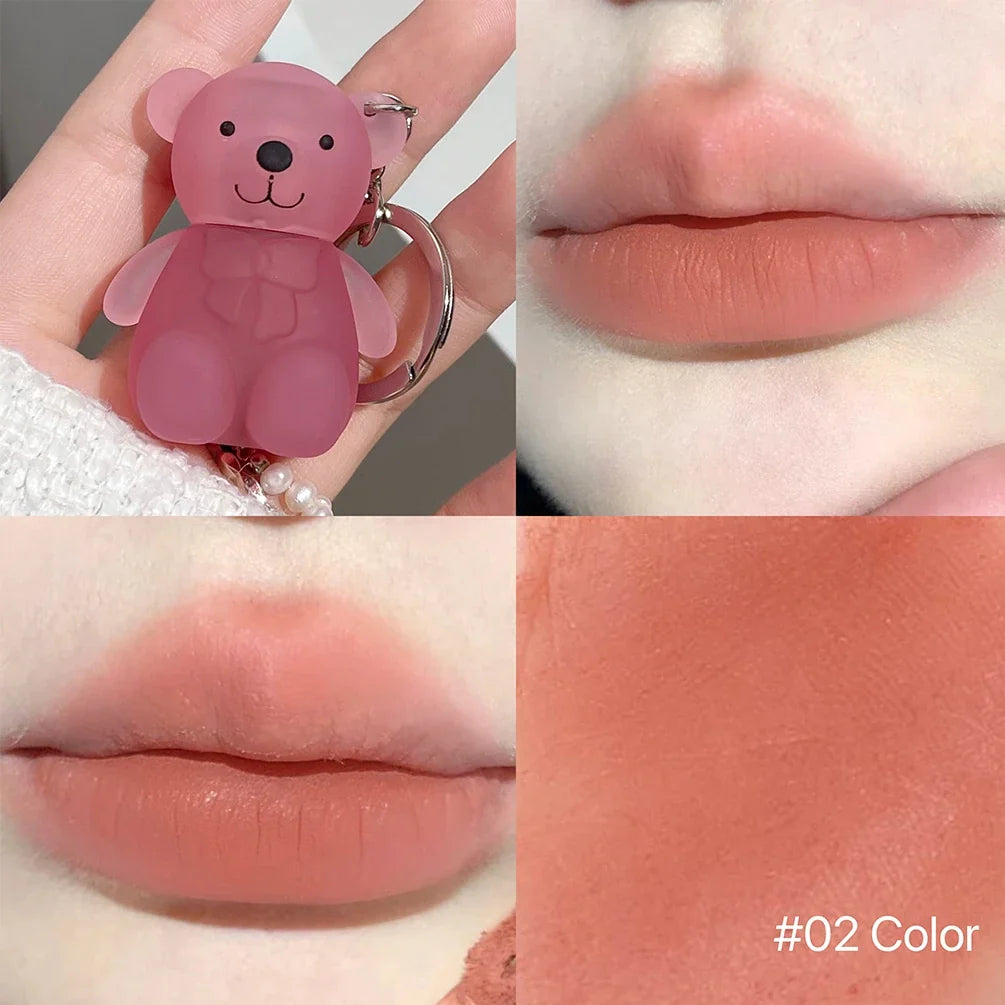 Cute Bear Velvet Lip Mud Keychain Matte Nude Red Lip Gloss Autumn Winter Non-stick Cup Lipstick Waterproof Lasting Lips Makeup