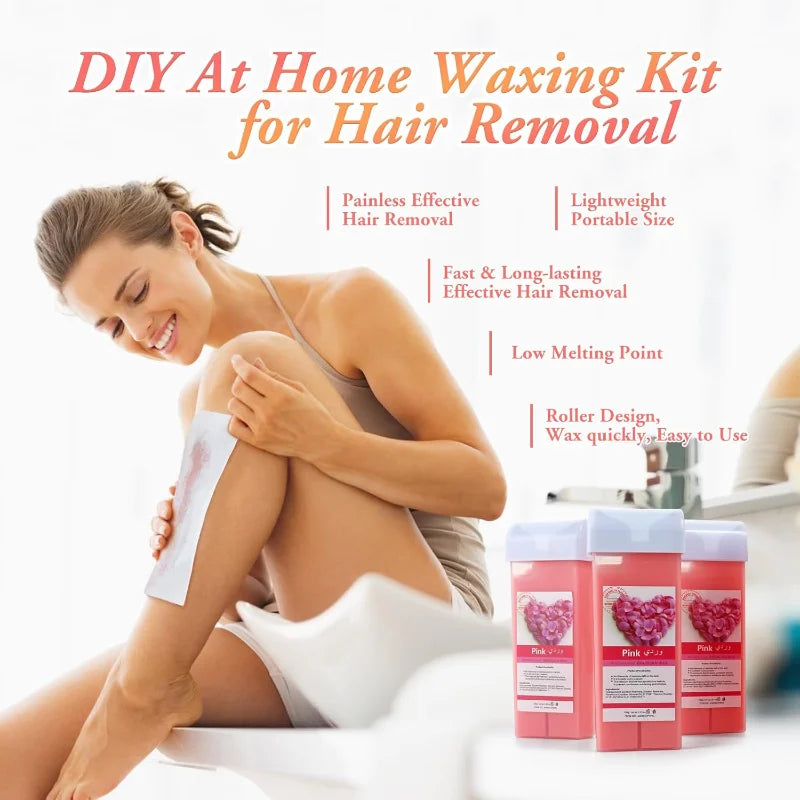 Epilatory Waxing Kit - Rose painless bikini wax Roll-On Wax Includes Heater Machine Refillable Wax And 100PCS Waxing Papers