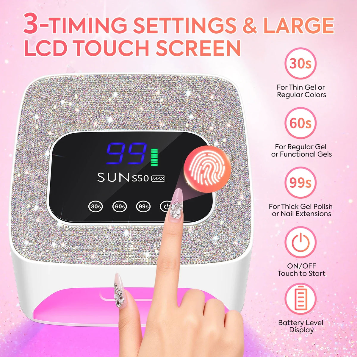 DianaBeauty UV LED Nail Lamp Rechargeable Cordless Nail Dryer with 3 Timer Settings and Rhinestone UV Lamp for Nails Manicure