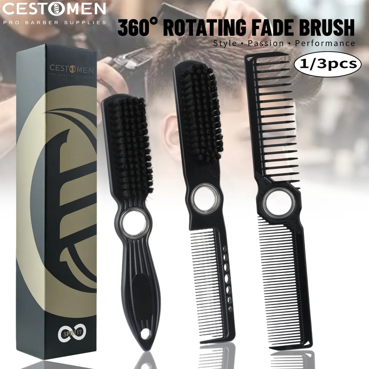 1/3PCS New Pro Spinning Barber Fade Brush Combs Dual-Sided Salon Styling Tools For Hair Removal Neck Duster Cleaning Brushes