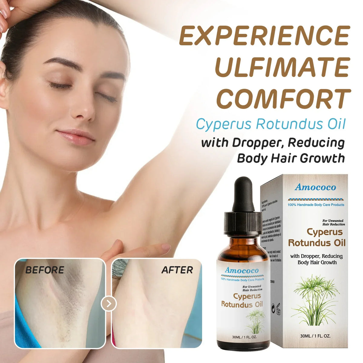 Amococo 3/6pcs Cyperus Rotundus Oil 30ml Natural Body Face Moisturizing Oil with Dropper Helps Soothe Skin After Hair Removal Non-Greasy Hydrating Serum