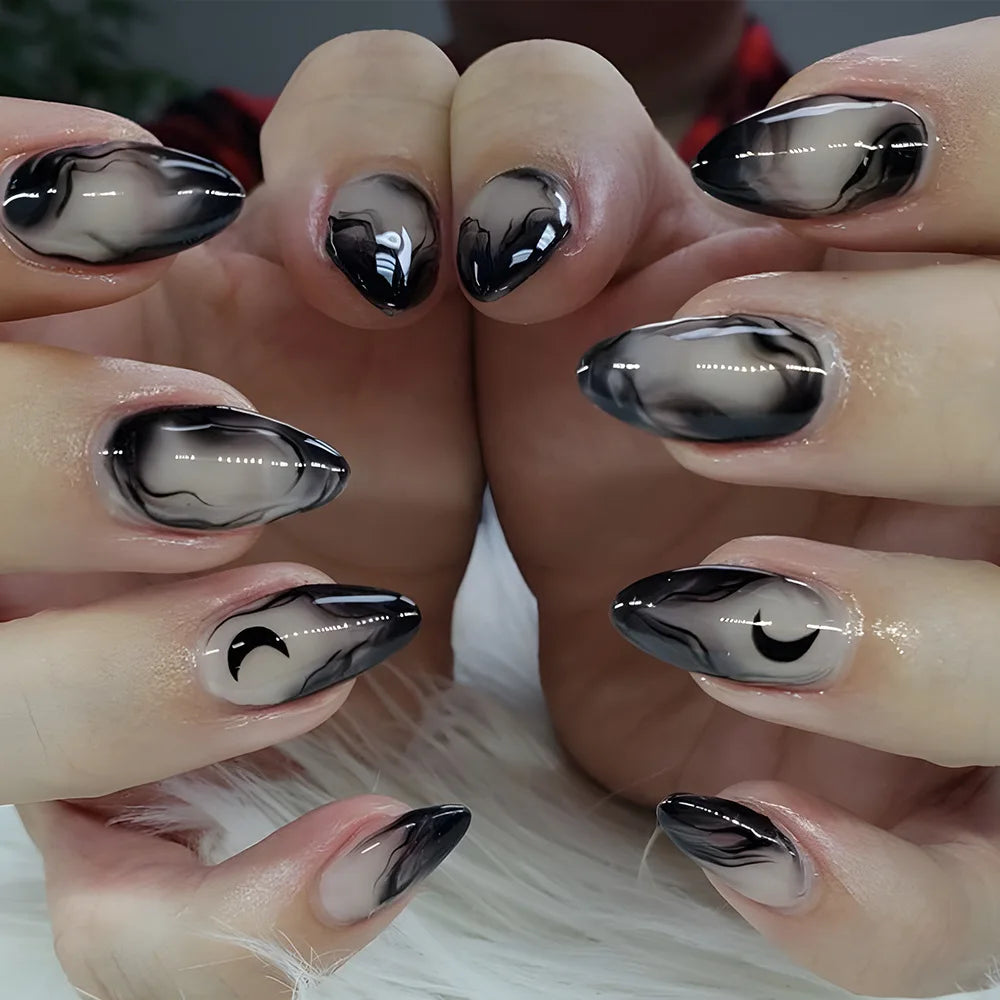 Black Cool Fake Nails Halloween Bat Press on Nails Almond Decorated Nail Tips Rivet Bow False Nails 24pcs Reusable Acrylic Nails